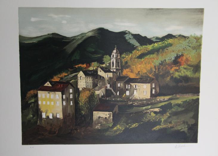 Eric PEYROL - Estampe originale - Lithographie - Village de montagne