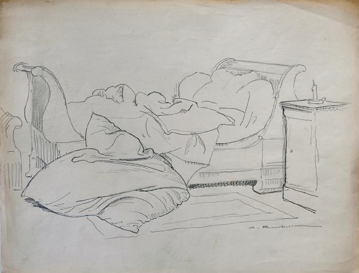 Auguste ROUBILLE - Dessin original - Crayon - Le lit