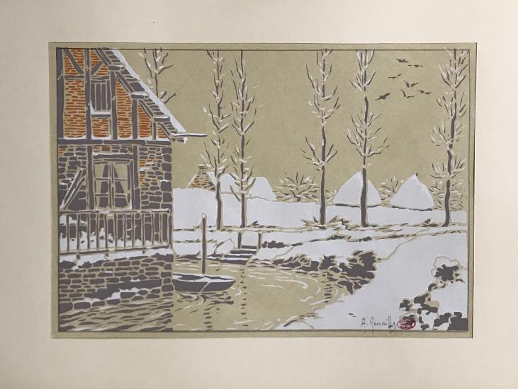 Alexandre Genaille - Estampe originale - Pochoir - Normandie sous la neige 2