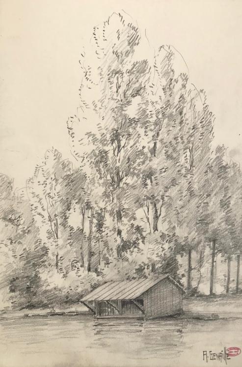 Alexandre Genaille - Dessin original - Crayon - Lavoir sur la Marne, Trilbardou