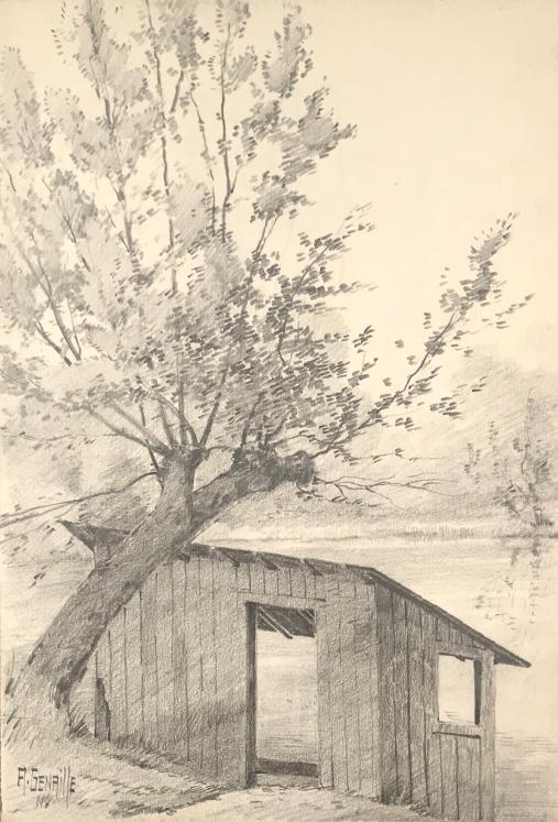 Alexandre Genaille - Dessin original - Crayon - Cabane au bord de la Marne 2