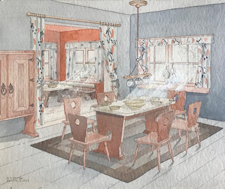 Hans NACKE - Peinture originale - Aquarelle - La salle à manger 1