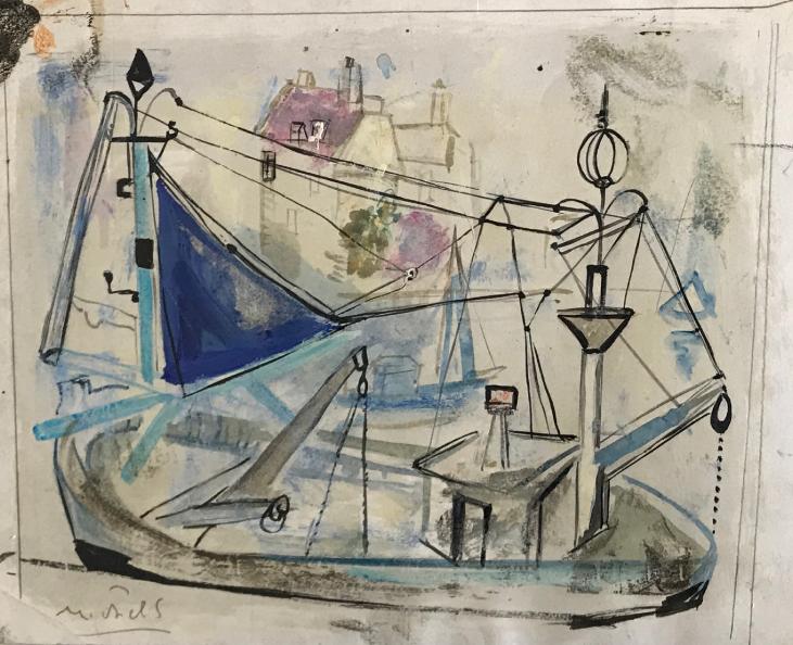 Janie Michels - Peinture originale - Gouache - Bateaux de pêche à Trouville