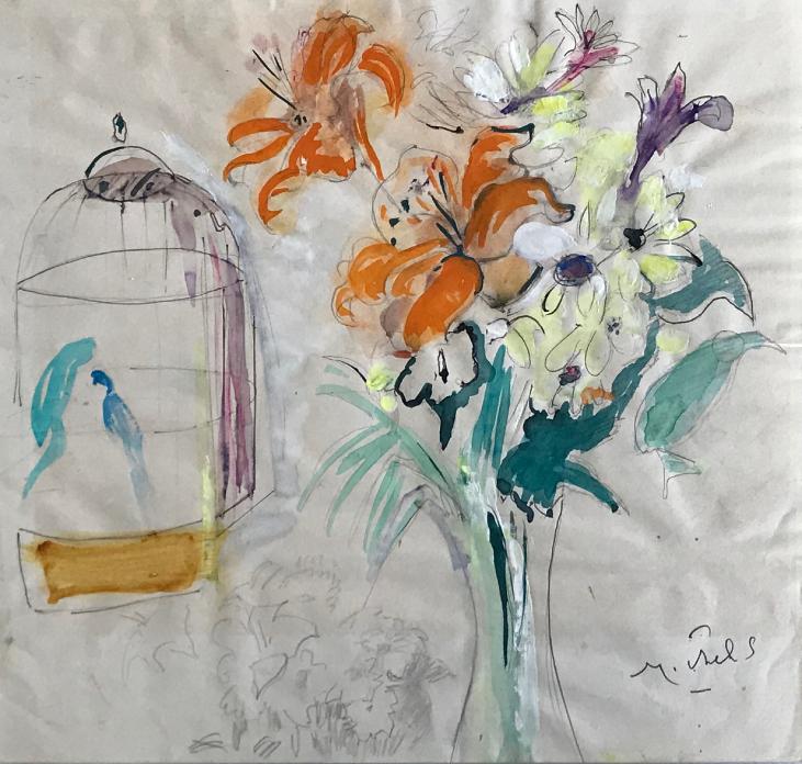 Janie Michels - Peinture originale - Gouache - La cage et le bouquet de Fleurs