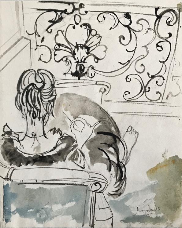 Janie Michels - Peinture originale - Gouache - Devant la fenêtre