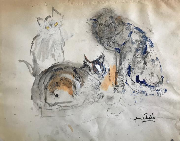 Janie Michels - Peinture originale - Gouache - Les 3 chats