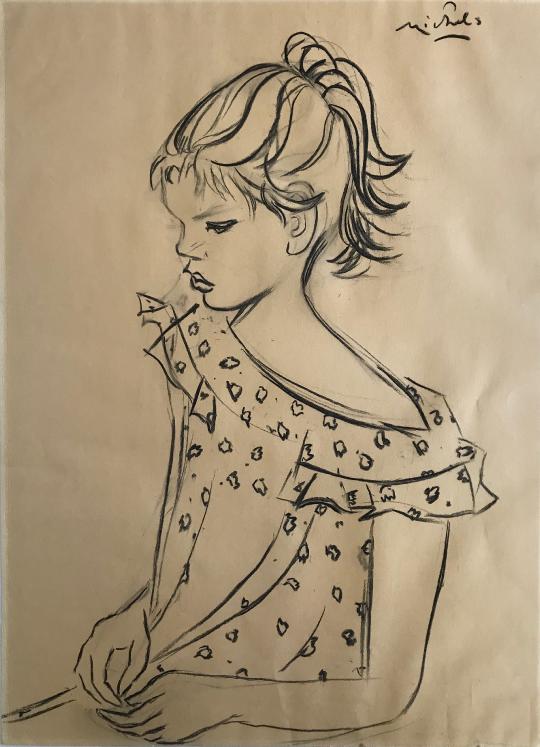 Janie Michels - Dessin original- Fusain - Fille de l'artiste, 1956