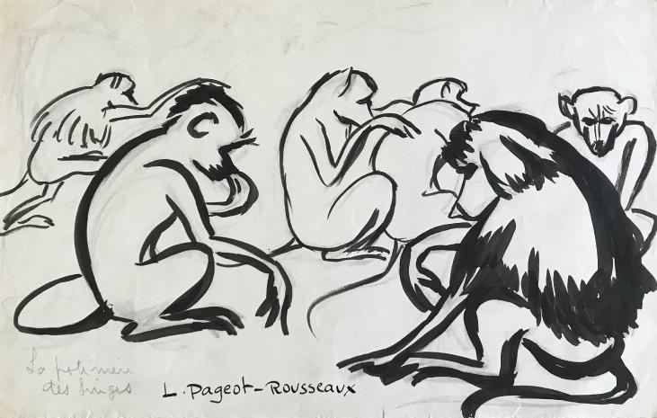 Lucienne Pageot-Rousseaux - Dessin original - Encre - Les singes