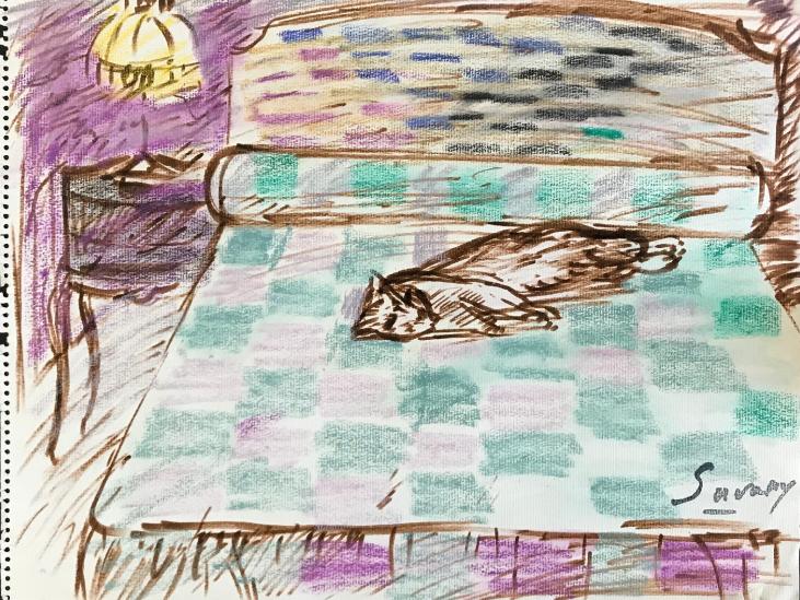 Robert SAVARY - Dessin original - Pastel - Le chat sur le lit
