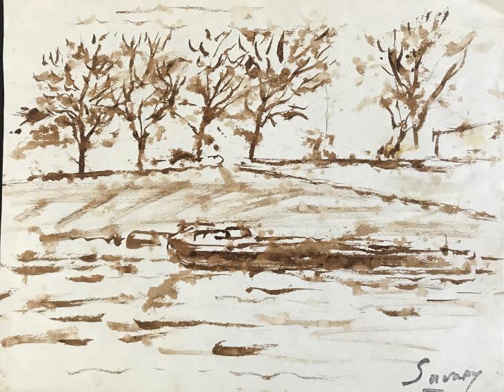 Robert SAVARY - Peinture originale - Lavis - Bord de Seine 2