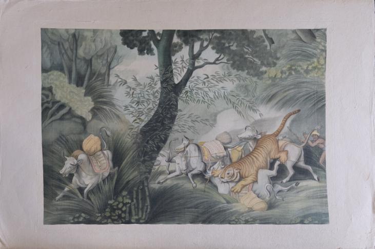 La Roche LAFFITTE - Peinture originale - Aquarelle - Attaque du tigre