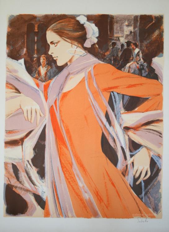 Saito SABURO - Estampe originale - Lithographie - Femme espagnole à la robe orange