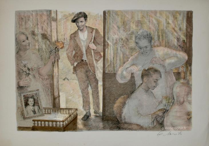 Lucien Philippe MORETTI - Estampe originale - Lithographie - Sac de billes, le coiffeur
