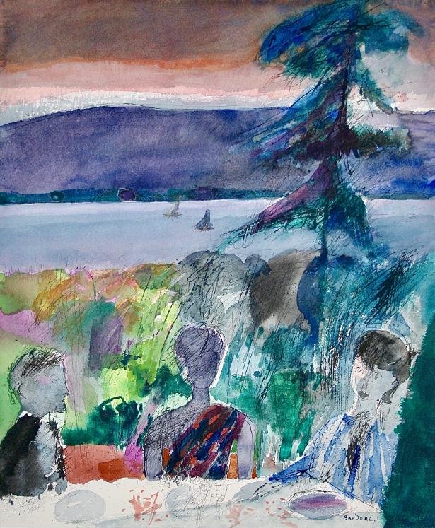 Guy Bardone - Peinture originale - Aquarelle - Jura, repas au bord du lac