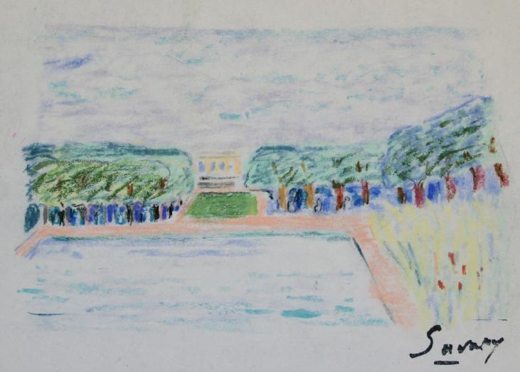 Robert SAVARY - Dessin original - Pastel - Promenade au château de Versailles
