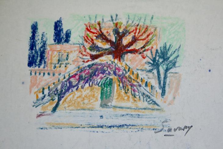 Robert SAVARY - Dessin original - Pastel - Villa aux arbres
