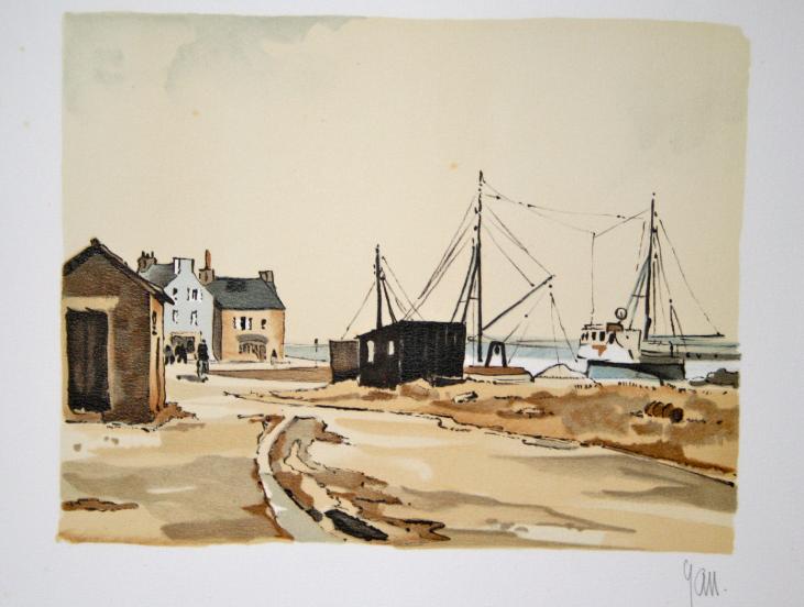 Robert YAN - Estampe originale - Lithographie - Village de pêcheurs bretons