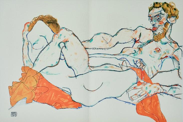 Egon SCHIELE - Estampe - Lithographie - Reclining Male and Female Nude, Entwined, 1913
