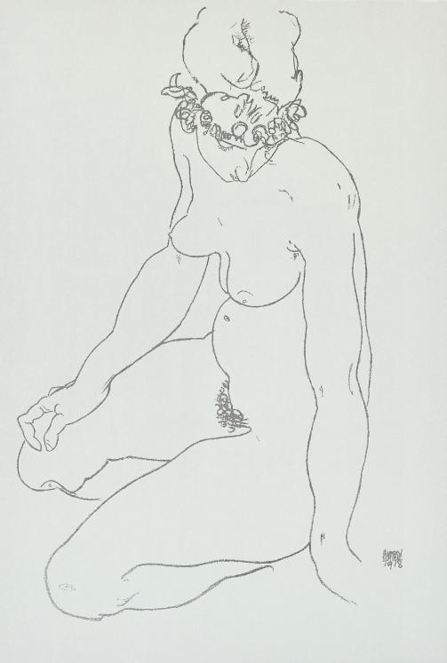 Egon SCHIELE - Estampe - Lithographie - Kneeling Female Nude, Turning