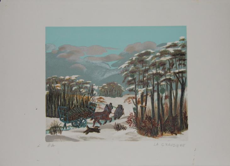 Mady DE LA GIRAUDIERE - Estampe originale - Lithographie - Le coupeur de bois dans la neige