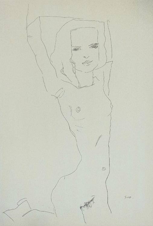 Egon SCHIELE - Estampe - Lithographie - Nude Girl with Arms Raised, 1910