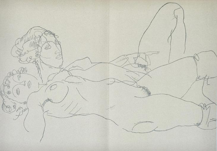 Egon SCHIELE - Estampe - Lithographie - Two Reclining Nude Girls