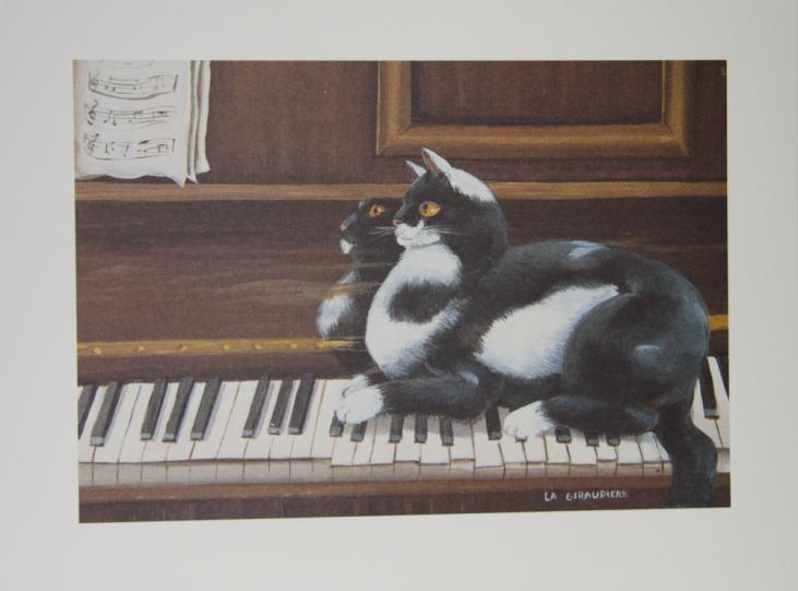 Madeleine DE LA GIRAUDIERE - Estampe - Lithographie - Le chat sur le piano