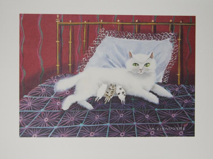 Madeleine DE LA GIRAUDIERE - Estampe - Lithographie - Le chat et ses chatons
