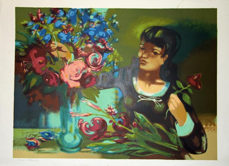 Pierre BAUDIN - Estampe originale - Lithographie - Jeune femme au bouquet