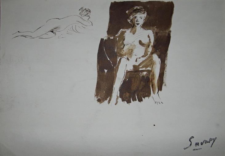 Robert SAVARY - Peinture originale - Lavis - Femme nue 7