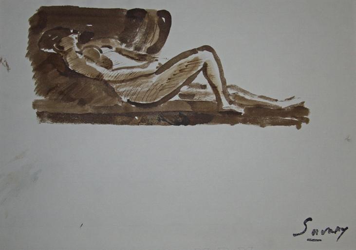 Robert SAVARY - Peinture originale - Lavis - Femme nue allongée 3