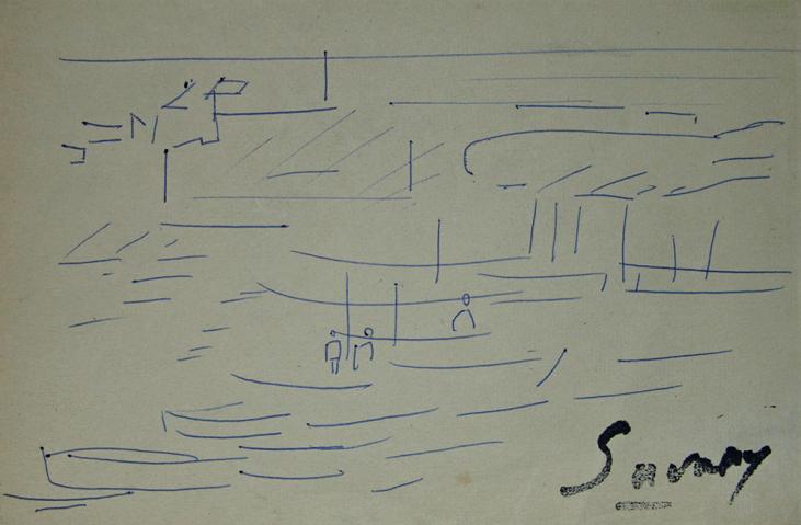 Robert SAVARY - Dessin original - Encre - Les barques au port