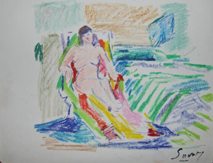 Robert SAVARY - Dessin original - Pastel - Femme nue au transat