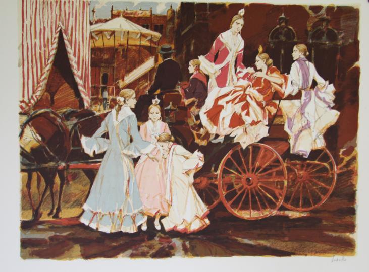 Saito SABURO - Estampe originale - Lithographie - L'arrivée des danseuses