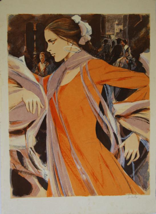 Saito SABURO - Estampe originale - Lithographie - Femme espagnole à la robe orange