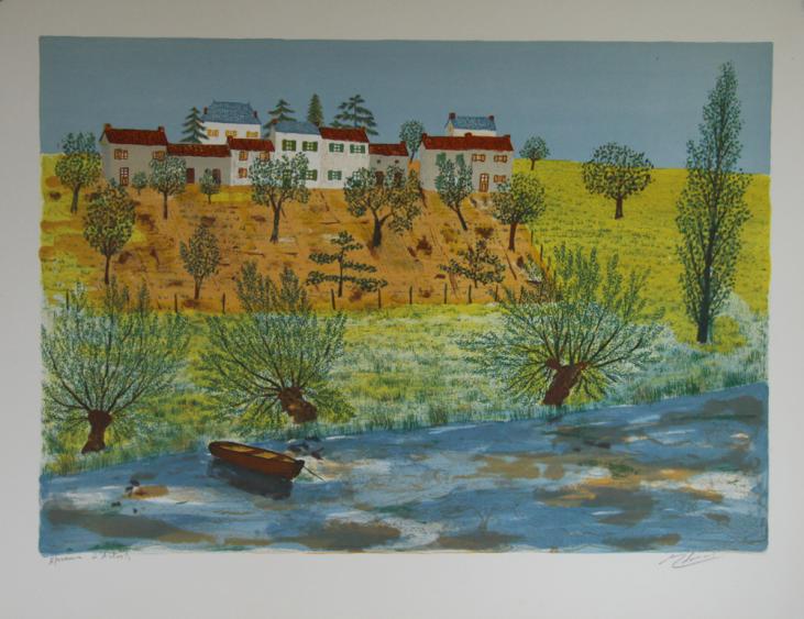 Maurice LOIRAND - Estampe originale - Lithographie - Village au bord de l'eau