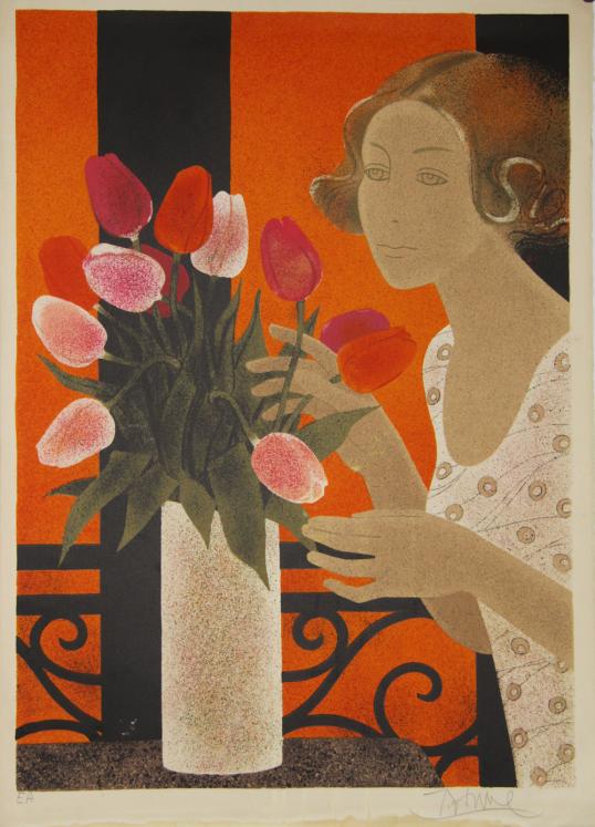GANNE Yves - Estampe originale - Lithographie - Femme aux tulipes