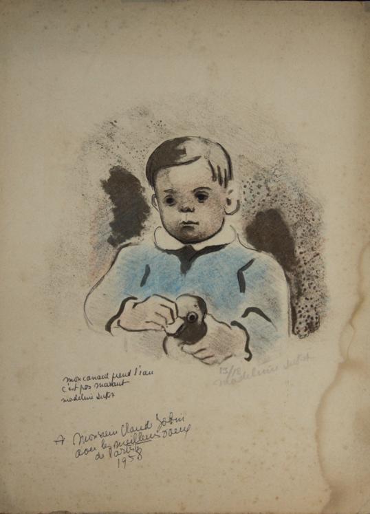 Madeleine LUKA - Estampe originale - Lithographie - Jeune garçon au petit canard