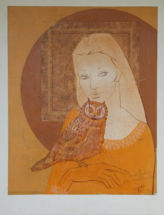 Daniel SCIORA - Peinture originale - Gouache - Femme à la chouette